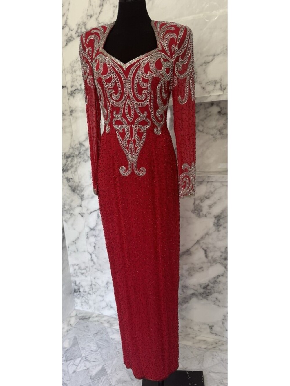 Alyce Designs Long Sleeve Evening Prom Sequin Embroidered  Vintage Dress  Size M